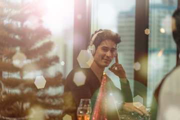 Portrait of cheerful Dj raise hands scream shout people wear shirt disco dance floor