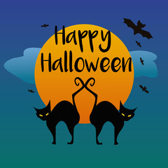 Happy Halloween hand written lettering. Holiday card with a big moon, two black cats and bats. Simple cartoon design. Concept art.