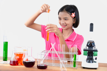 Asia students doing lab chemical with white background.