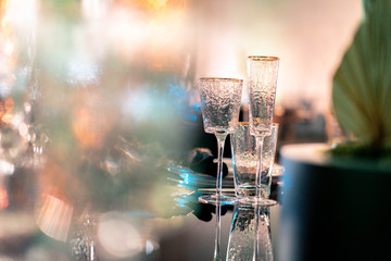 Luxury catering. Wedding or anniversary. Banquet. table served with cutlery, flowers, crockery.