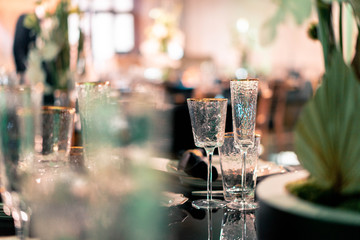 Luxury catering. Wedding or anniversary. Banquet. table served with cutlery, flowers, crockery.