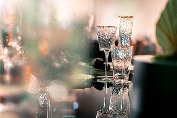 Luxury catering. Wedding or anniversary. Banquet. table served with cutlery, flowers, crockery.