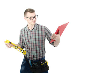 Engineer. Young attractive guy and tools.