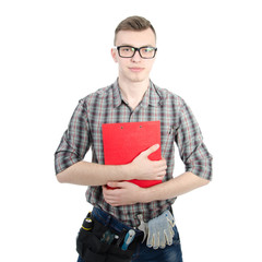 Engineer. Young attractive guy and tools.