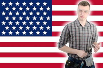 Engineer. Young attractive guy and tools.