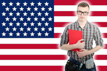 Engineer. Young attractive guy and tools.