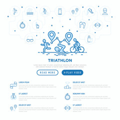 Triathlon concept with thin line icons: runner, swimmer, cycling race, stopwatch, starting, gun, sport glasses, start, victory, success. Modern vector illustration, web page template with copy space.