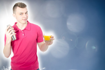 Attractive barman pours a cocktail. Sea and vacation.