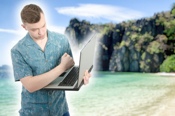 Student and vacation. Studying at a laptop.