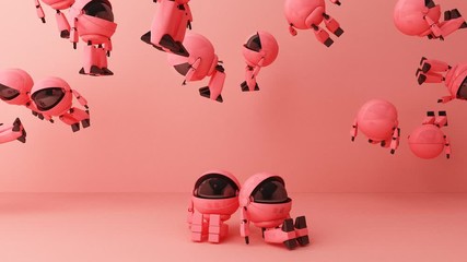 The many cute pink robot is sitting and flying up on pink background. 3d rendering
