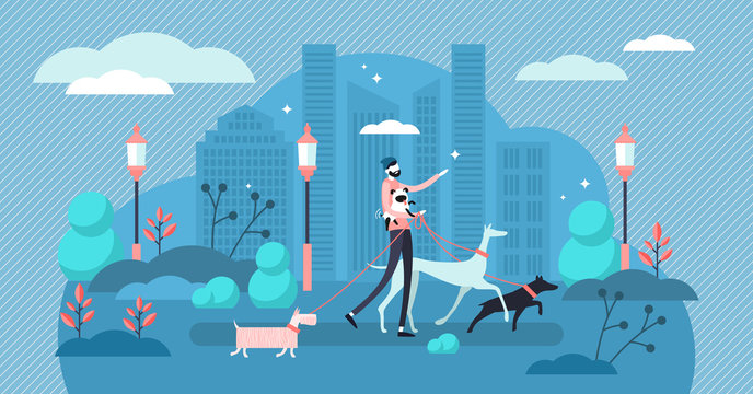 Dog Walking Vector Illustration. Flat Tiny Pet Care Exercise Person Concept