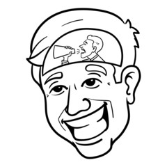 monochrome head of a businessman having a little man in the head holding a megaphone in hand and shouting something.  Idea, inner voice, laughing, happy, inspiration.