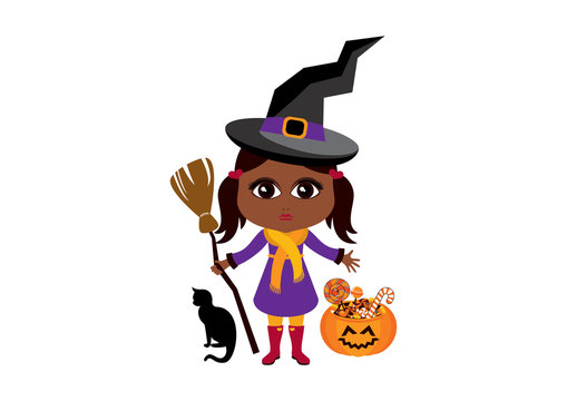 Cute little African American witch halloween costume vector. Little witch vector. Witch with broom icon. Cute African American little girl in halloween witch costume. Afro american halloween baby girl