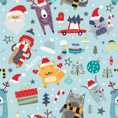 Seamless pattern for Christmas with elements Christmas and forest animals - fox, wolf, bear. Cute pattern for gift wrapping paper, t-shirts, greeting cards. Vector illustration. Scandinavian style.