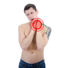 Health problems. The man has a sore shoulder.