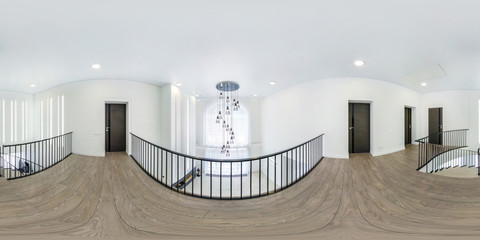 full seamless spherical hdri panorama 360 degrees angle view in interior of hall with stairs and huge lamp in modern apartments in equirectangular projection, VR content
