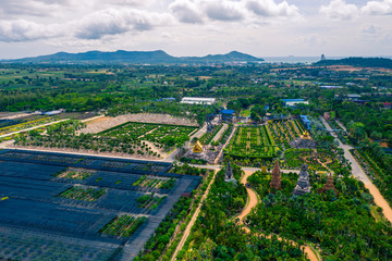 Aerial view of tropical garden in Chonburi province, Thailand. Aerial view from drone