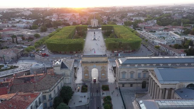 Parc du Peyrou Montpellier sunset aerial shot over the Arc de triomphe France 