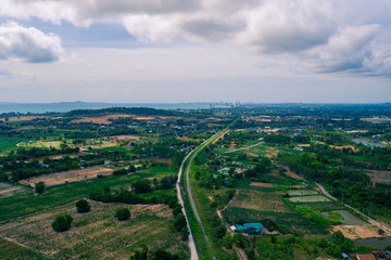 Fototapeta na wymiar Aerial landscape of Chonburi province, Thailand. Aerial view from drone