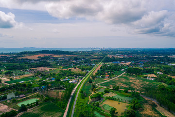 Aerial landscape of Chonburi province, Thailand. Aerial view from drone
