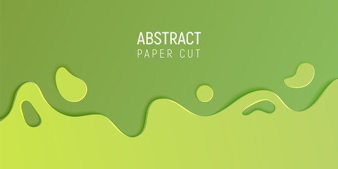 Green abstract paper cut slime background. Banner with slime abstract background with green paper cut waves. Vector illustration.