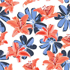 Lily flower seamless pattern on white background with blue leaves, Orange lily floral vector illustration