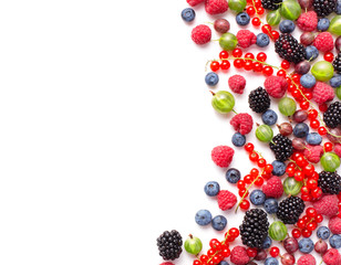 fresh berries on white background as frame with copy space