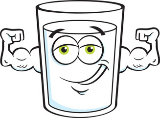 Cartoon illustration of a smiling glass of milk flexing it's muscles.