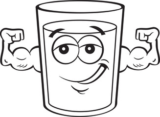 Black and white illustration of a smiling glass of milk flexing it's muscles.