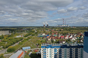 panorama of the Oktyabrsky district on Vybornaya street near the CHPP-5, the city of Novosibirsk, Russia, the month of September