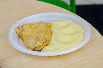 Fish and mashed potatoes on plastic plate.