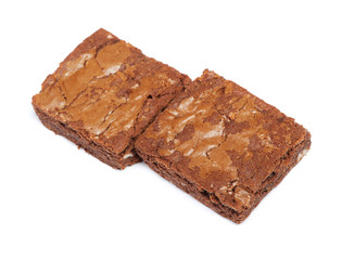 Group of tasty chocolate brownies pies isolated on white