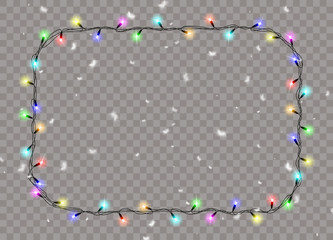 Christmas lights isolated realistic design elements. Christmas snow for the new year.  Glowing lights for Xmas Holiday cards, banners, posters, web design. Garlands decorations.