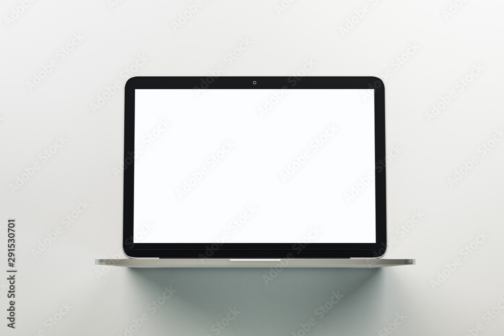 Poster monochrome concept with blank white mock up screen of modern laptop.