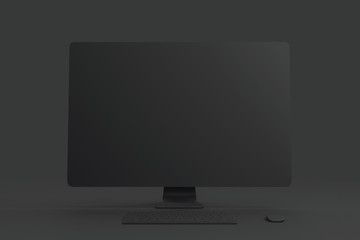 All black minimal concept with blank black single material computer at abstract dark background.