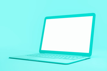 Minimal concept with blank white mock up single material laptop screen at abstract turquoise background.