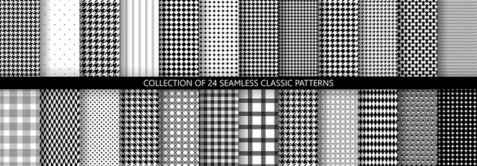 Big collection of classic fashion houndstooth seamless geometric patterns. 24 variations of pied de poule print