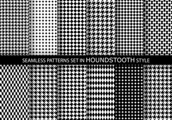 Set of classic fashion houndstooth seamless geometric patterns. Variations of pied de poule print
