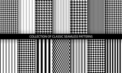 Big set of classic fashion houndstooth seamless geometric patterns. Variations of pied de poule print - obrazy, fototapety, plakaty