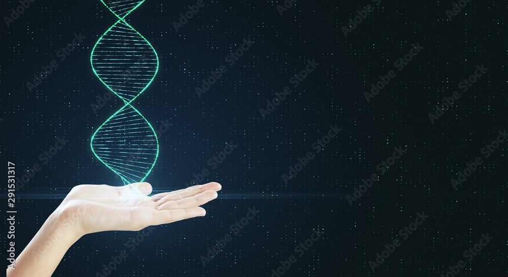 Poster genetic science and biotechnology concept with human hand with dna spiral at abstract background.