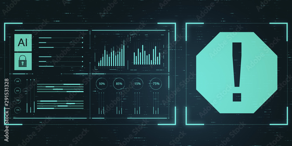 Aufkleber Cyber security conceptwith digital exclamation mark and diagram graphs at abstract background.