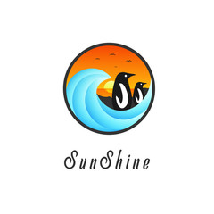 Vector logo of a beach circle with waves and sunsets and penguins