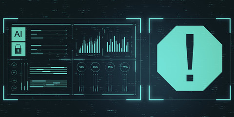 Cyber security conceptwith digital exclamation mark and diagram graphs at abstract background.