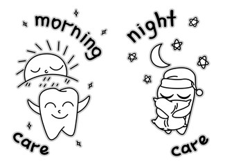 cute doodle happy teeth, cartoon drawing, for kids dental cabinet or books illustration, dental care and teeth health theme, brush teeth at night and morning, editable vector illustration
