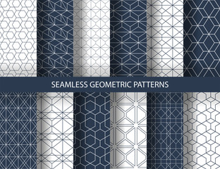 Set of seamless geometric patterns. Rich blue and white line backgrounds collection. Endless repeating linear texture for wallpaper, packaging, banners, invitations, business cards, fabric print