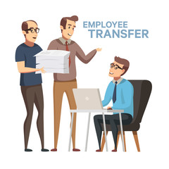 Employee Replacement. Worker Turnover stock illustration in flat cartoon style.  Boss or manager transfer of employee to another workplace, job rotation. Unfair dismissal in business.