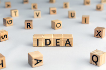 Idea - word from wooden blocks with letters, knowledge or understanding or a suggestion, thought, or plan idea concept,  white  background