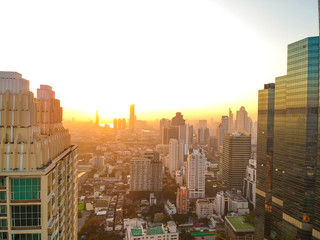 Modern city building morning sunrise aerial view