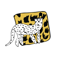 hand-drawn in graphic style a white leopard on a background of abstract fur on an isolated background for use in design, textile, card, scrubbing, cover