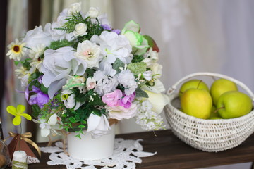 Festive table decoration with flowers at a wedding exhibition